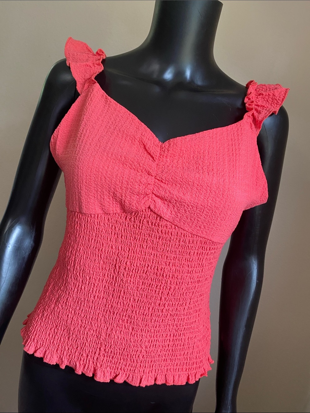 Blue Rain Coral Pink Smocked Ruffle Strap Cami